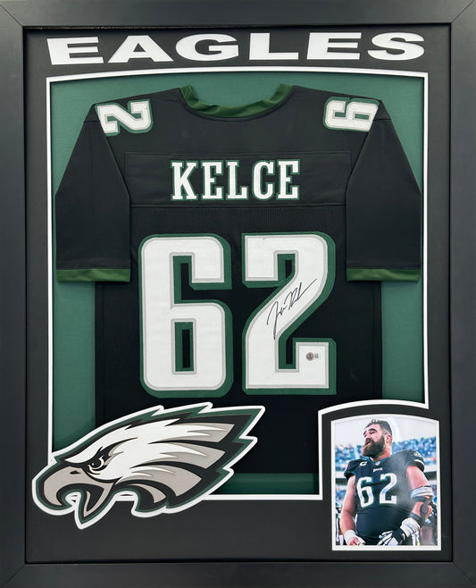 Philadelphia Eagles Jason Kelce Hand Signed Autographed Custom Black Jersey Framed & Matted with XL 3D Logo and Team Name Cutout with Beckett