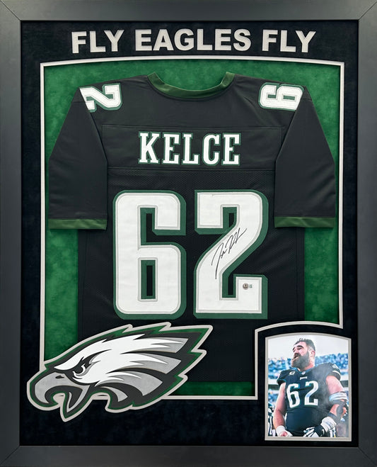 Philadelphia Eagles Jason Kelce Hand Signed Autographed Custom Black Jersey Framed & Double Suede Matted with XL 3D Logo and "Fly Eagles Fly" Cutout with Beckett COA