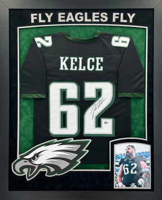 Philadelphia Eagles Jason Kelce Hand Signed Autographed Custom Black Jersey Framed & Double Suede Matted with XL 3D Logo and 