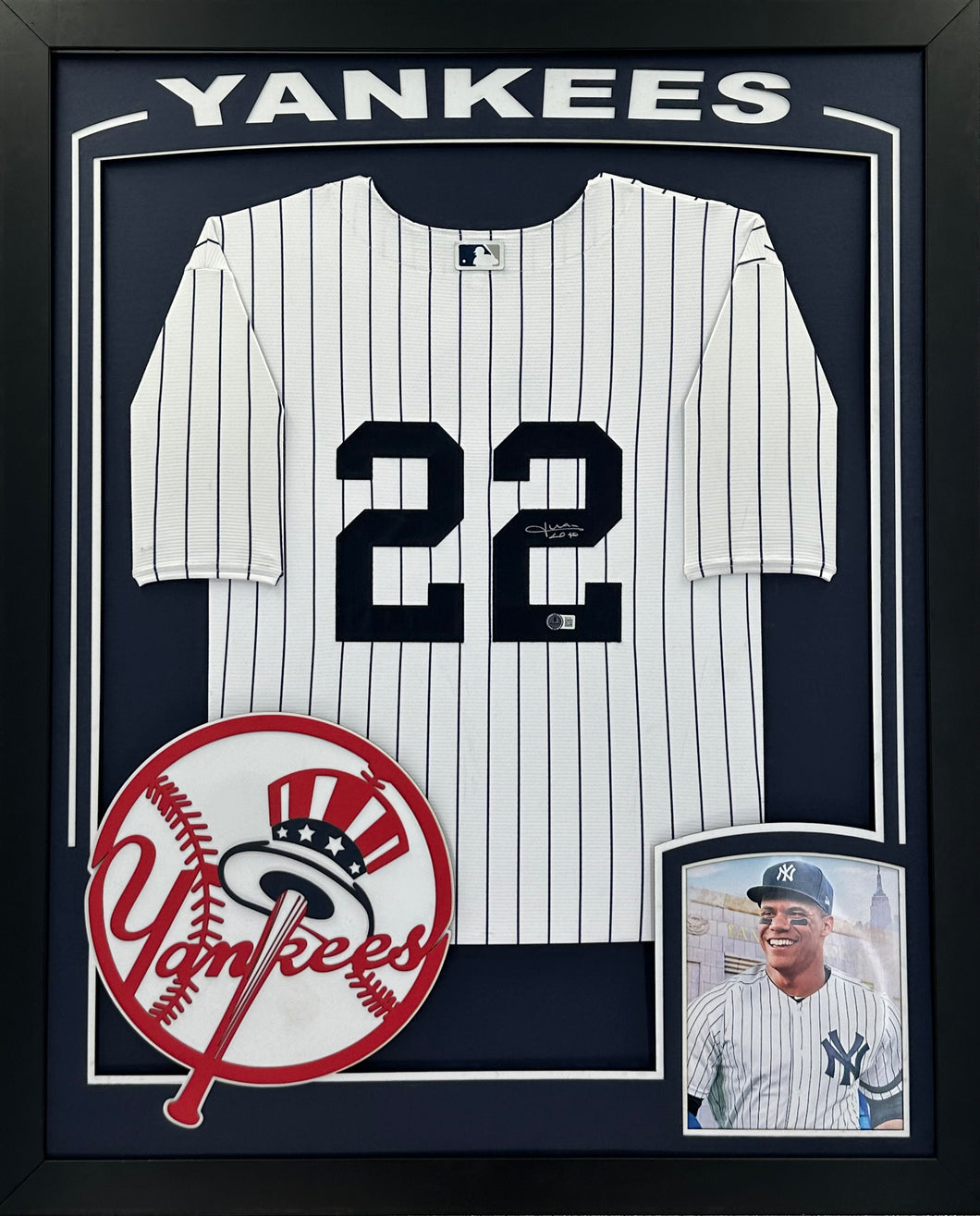 New York Yankees Juan Soto Hand Signed Autographed Custom Pinstriped Jersey Framed & Double Suede Matted with XL 3D Logo and Team Cutout with Beckett COA