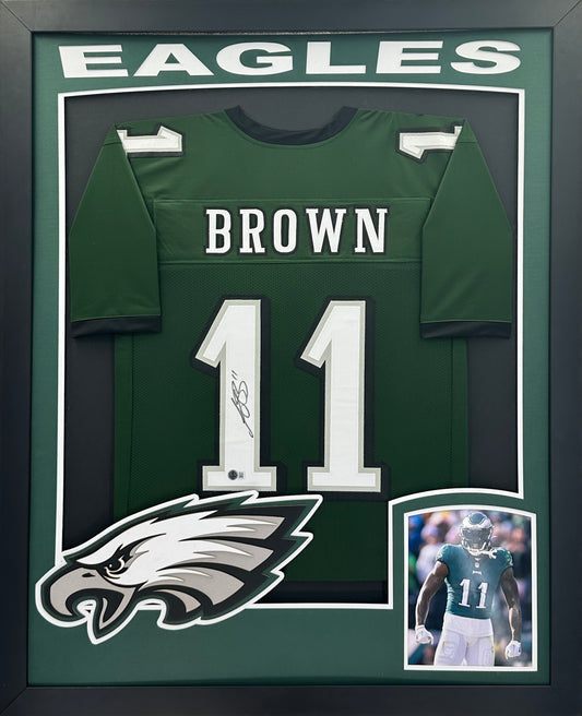 Philadelphia Eagles A.J. Brown Hand Signed Autographed Custom Green Jersey Framed & Matted with XL 3D Logo and Team Cutout Beckett COA