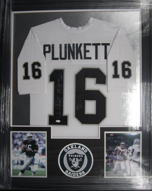 Oakland Raiders Jim Plunkett Hand Signed Autographed Custom White Jersey with S.B. XV MVP Inscription Framed & Matted with JSA COA