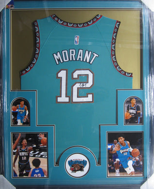 Ja Morant Signed Framed Teal Custom Pro-Style Basketball Jersey