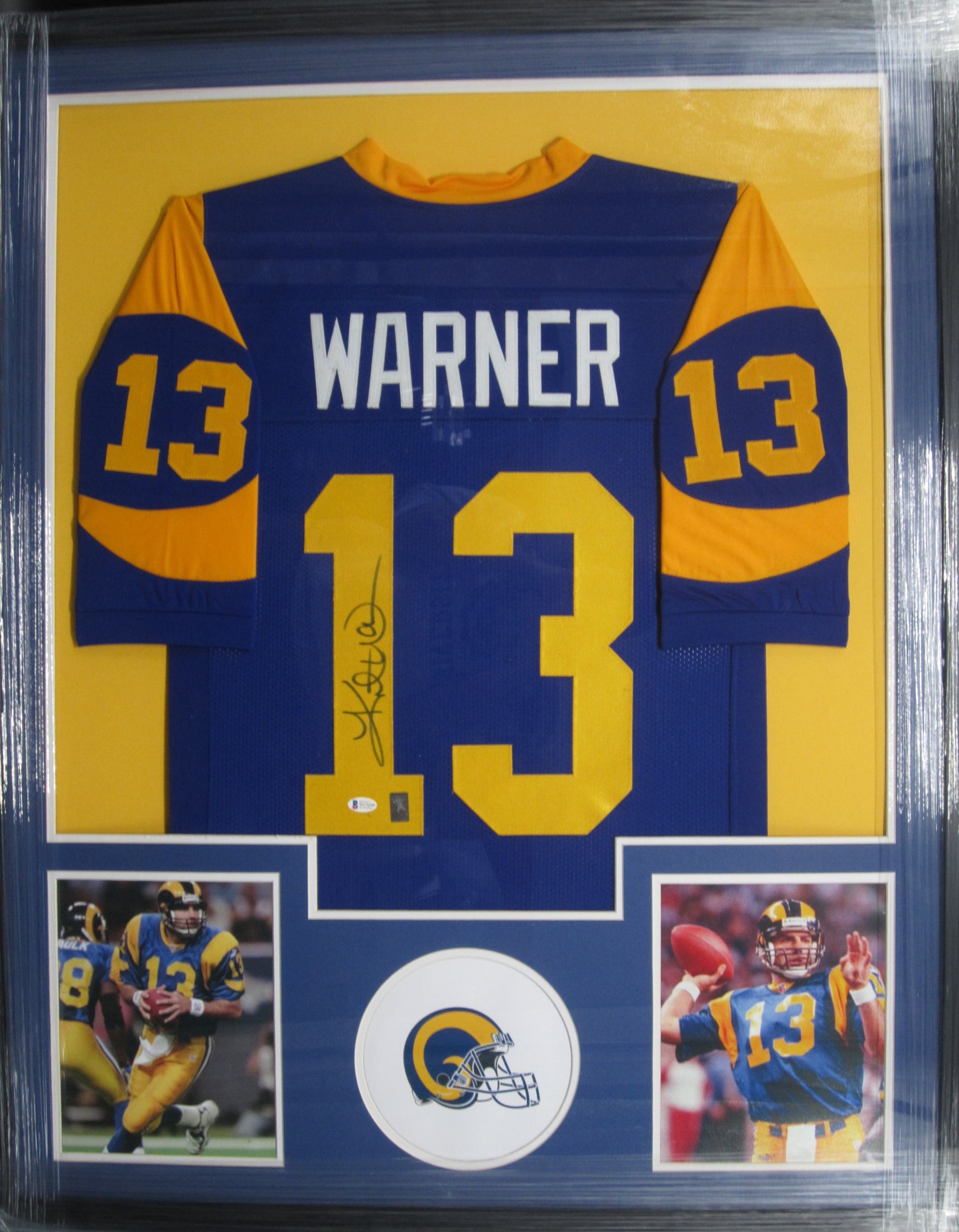 St. Louis Rams Kurt Warner Hand Signed Autographed Custom Blue Jersey Framed & Matted with BECKETT COA