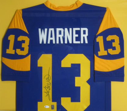 St. Louis Rams Kurt Warner Hand Signed Autographed Custom Blue Jersey Framed & Matted with BECKETT COA