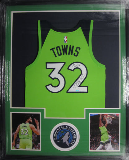 Minnesota Timberwolves Karl-Anthony Towns Hand Signed Autographed Custom Green Jersey with Big Kat Inscription Framed & Matted with JSA COA
