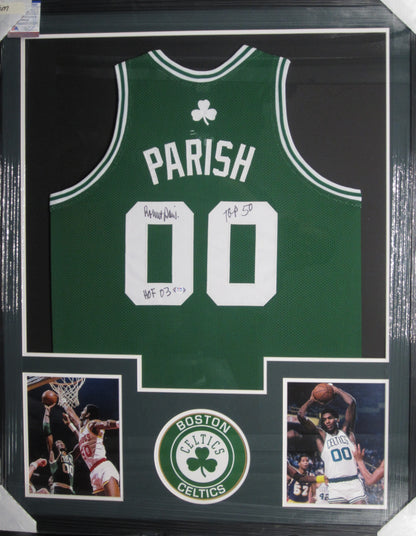 Boston Celtics Robert Parish Hand Signed Autographed Custom Green Jersey with TOP 50 & HOF 03 Inscriptions Framed & Matted with PSA COA