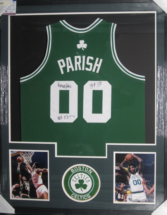 Boston Celtics Robert Parish Hand Signed Autographed Custom Green Jersey with TOP 50 & HOF 03 Inscriptions Framed & Matted with PSA COA
