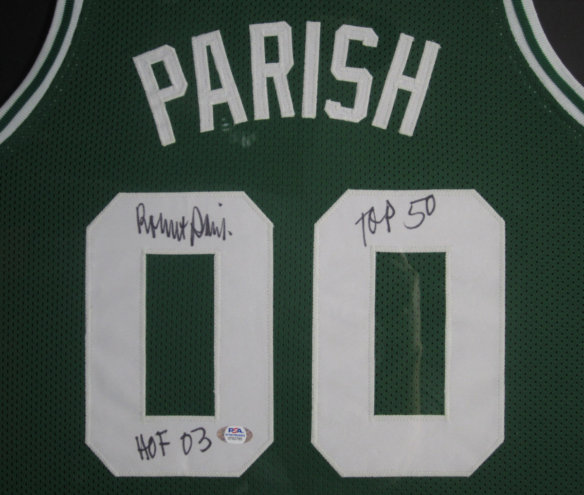 Boston Celtics Robert Parish Hand Signed Autographed Custom Green Jersey with TOP 50 & HOF 03 Inscriptions Framed & Matted with PSA COA