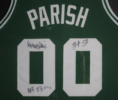 Boston Celtics Robert Parish Hand Signed Autographed Custom Green Jersey with TOP 50 & HOF 03 Inscriptions Framed & Matted with PSA COA