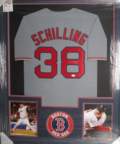 Boston Red Sox Curt Schilling Hand Signed Autographed Gray Jersey Framed & Matted with JSA COA