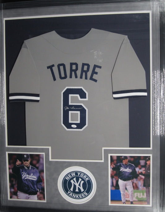 New York Yankees Joe Torre Hand Signed Autographed Custom Gray Jersey Framed & Suede Matted with JSA COA