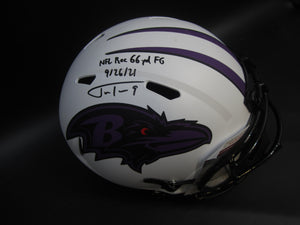 Baltimore Ravens Justin Tucker Signed Full-Size Replica Helmet with NFL Rec 66 yd FG & 9/26/21 Inscriptions & JSA COA