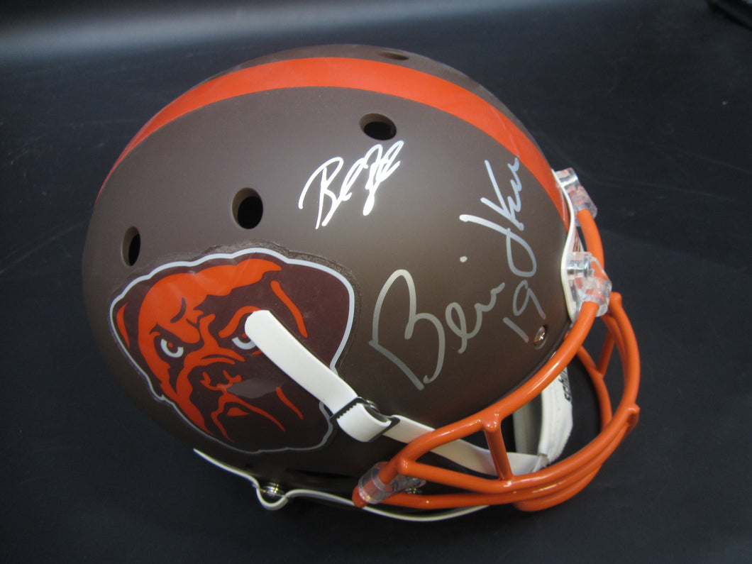 Cleveland Browns Bernie Kosar & Baker Mayfield Dual Signed Custom Dawg Logo Full Size Authentic Helmet with JSA & BECKETT COA