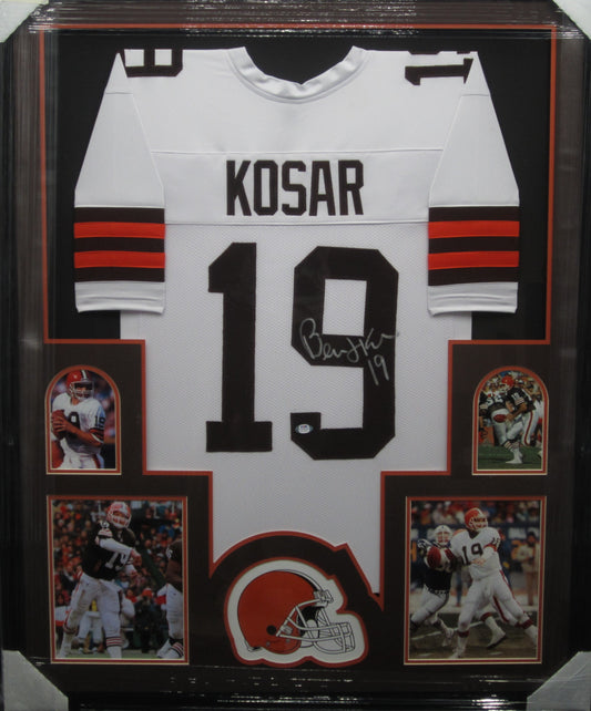 Cleveland Browns Bernie Kosar Hand Signed Autographed Custom White Jersey Framed & Matted with PSA COA