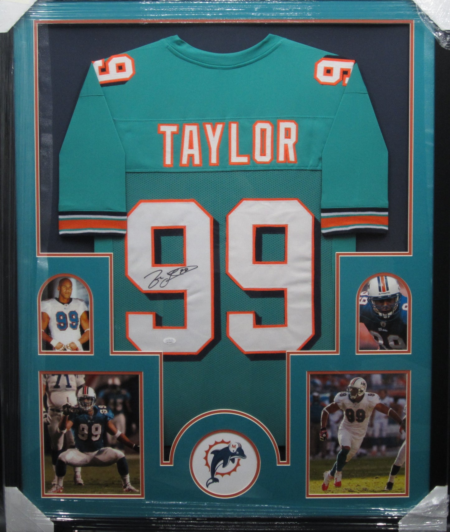 Miami Dolphins Jason Taylor Hand Signed Autographed Custom Teal Jersey Framed & Matted with JSA COA