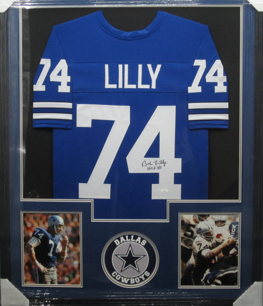 Dallas Cowboys Bob Lilly Hand Signed Autographed Custom Blue Jersey with HOF '80 Inscription Framed & Matted with JSA COA