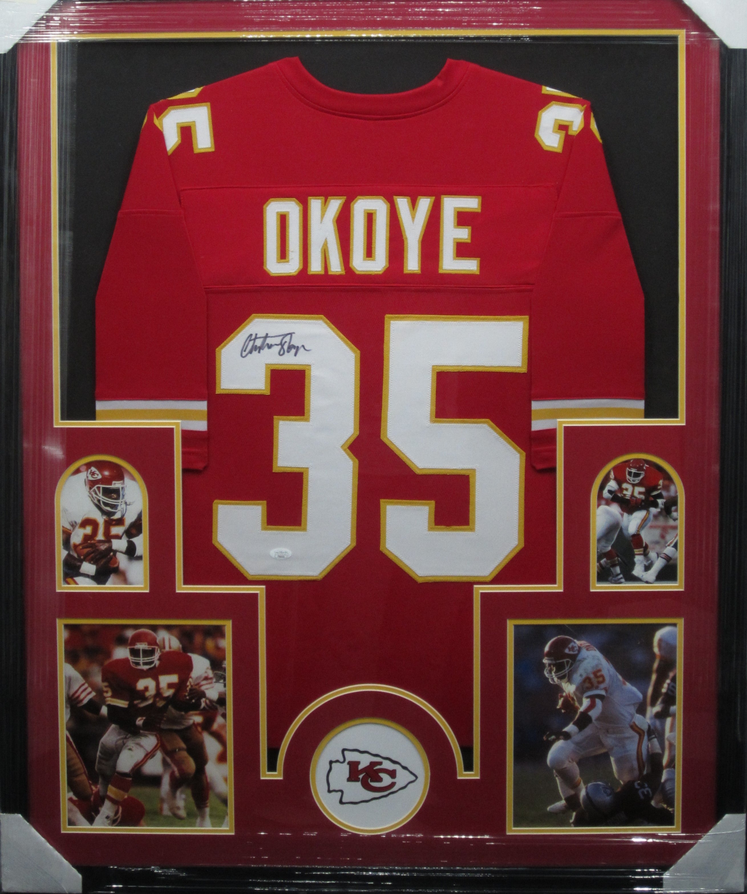 Christian Okoye Kansas City Chiefs Autographed Red Jersey COA JSA Witness