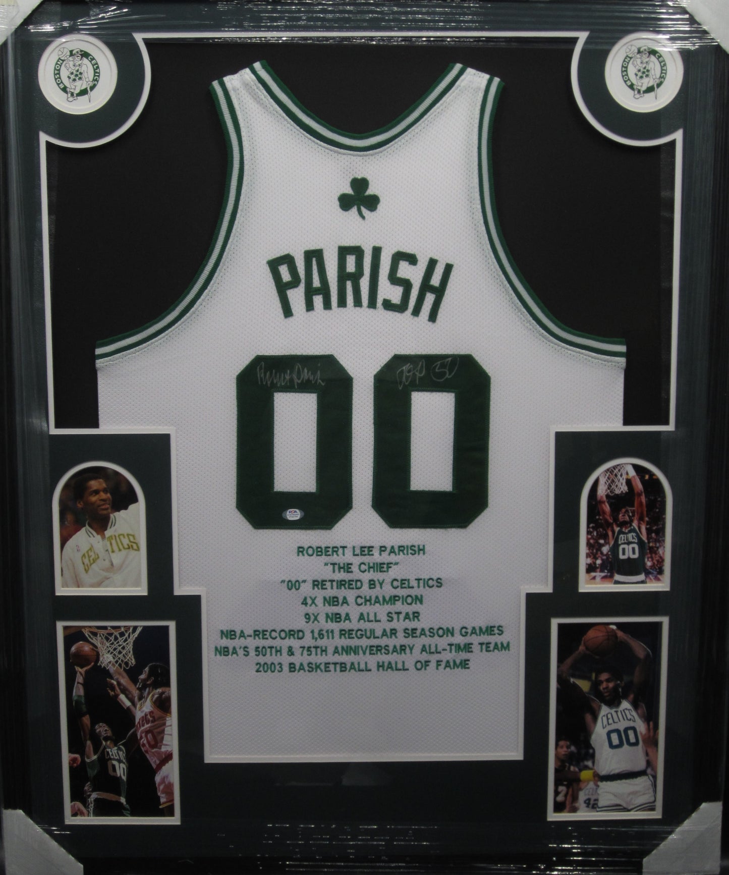 Boston Celtics Robert Parish Hand Signed Autographed Custom Career Stat Jersey with TOP 50 Inscription Framed & Matted with PSA COA