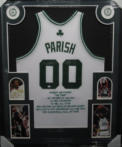 Boston Celtics Robert Parish Hand Signed Autographed Custom Career Stat Jersey with TOP 50 Inscription Framed & Matted with PSA COA