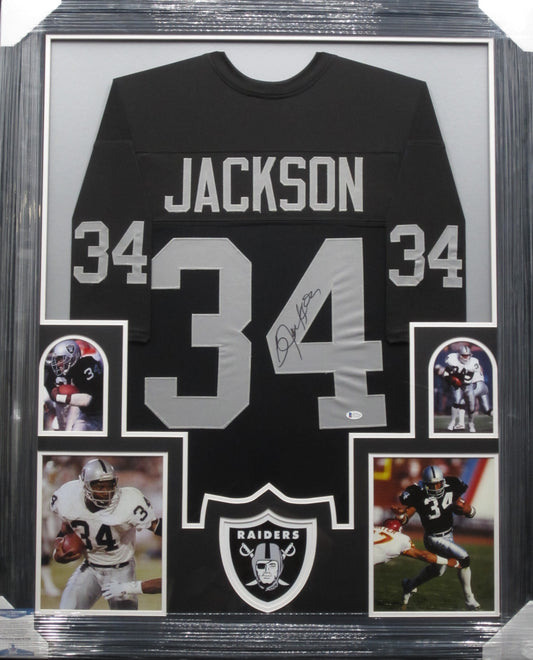 Oakland Raiders Bo Jackson Hand Signed Autographed Custom Black Jersey Framed & Matted with BECKETT COA