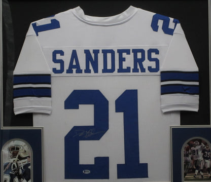 Dallas Cowboys Deion Sanders Hand Signed Autographed White Jersey Framed & Matted with BECKETT COA