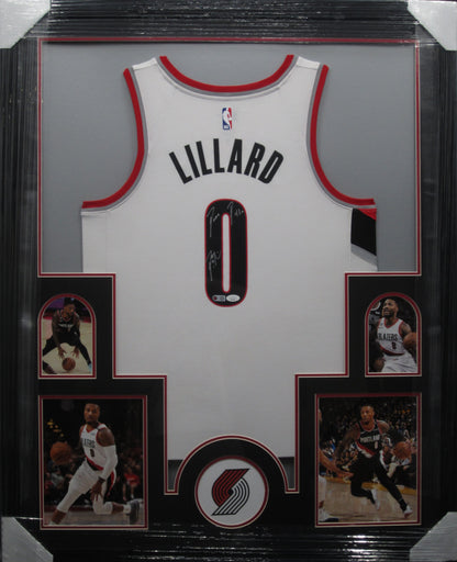 Portland Trail Blazers Damian Lillard Hand Signed Autographed Authentic White Jersey with Dame D.o.l.l.a Inscription Framed & Matted with JSA COA