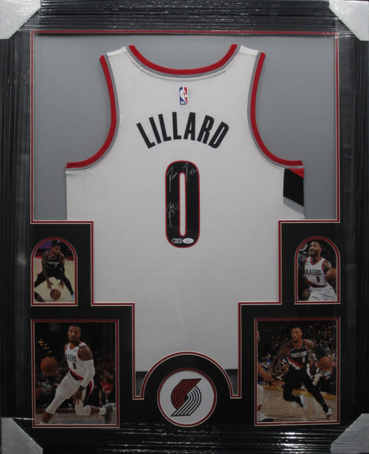 Portland Trail Blazers Damian Lillard Hand Signed Autographed Authentic White Jersey with Dame D.o.l.l.a Inscription Framed & Matted with JSA COA