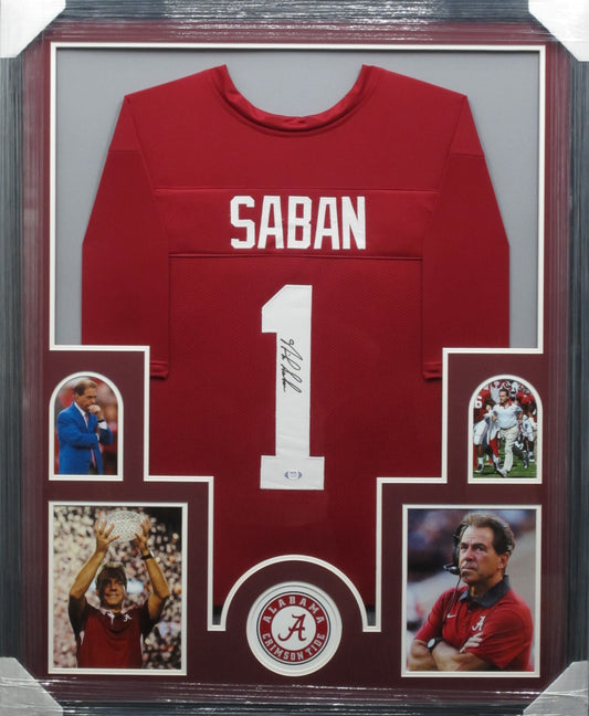 Alabama Crimson Tide Nick Saban Hand Signed Autographed Red Jersey Framed & Matted with PSA COA