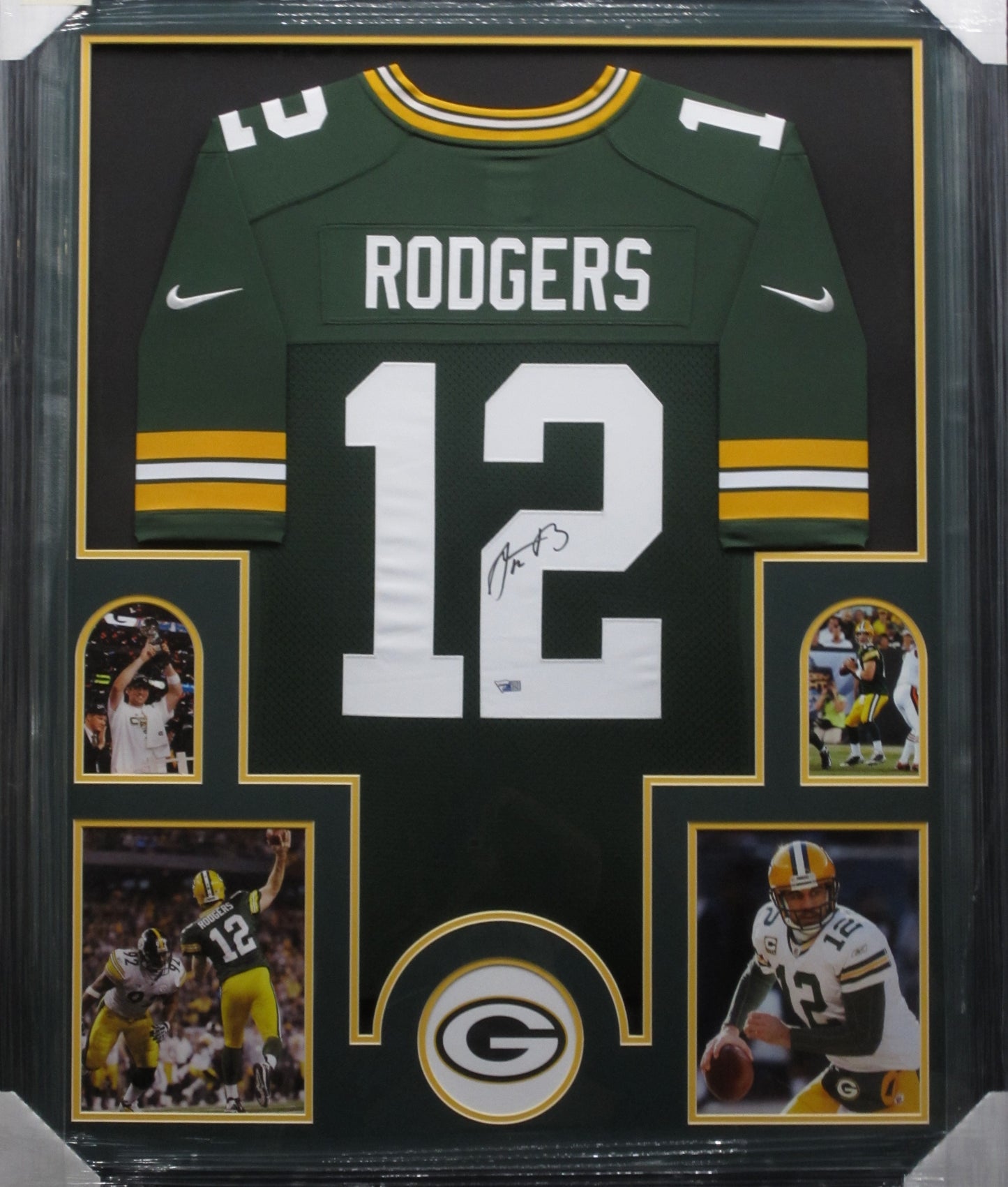 Green Bay Packers Aaron Rodger Hand Signed Autographed Authentic Green Jersey Framed & Matted with FANATICS Authentic COA