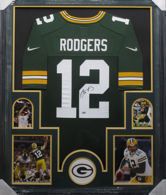 Green Bay Packers Aaron Rodger Hand Signed Autographed Authentic Green Jersey Framed & Matted with FANATICS Authentic COA