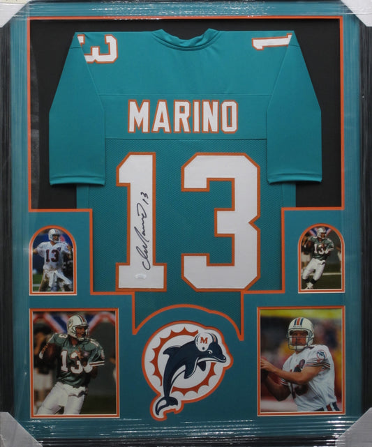 Miami Dolphins Dan Marino Hand Signed Autographed Custom Teal Jersey Framed & Matted with JSA COA