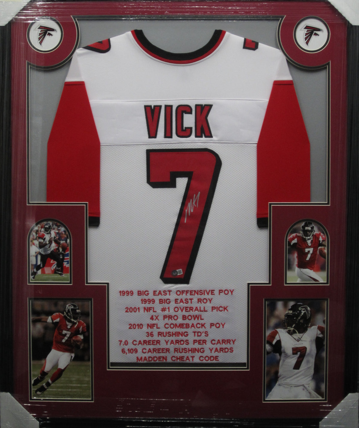 Atlanta Falcons Michael Vick Hand Signed Autographed Custom White Career Achievements Stat Jersey Framed with Matting Includes Beckett COA