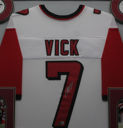 Atlanta Falcons Michael Vick Hand Signed Autographed Custom White Career Achievements Stat Jersey Framed with Matting Includes Beckett COA