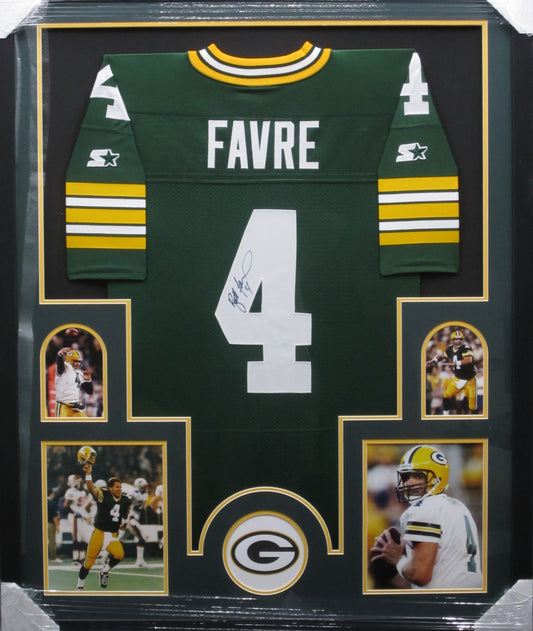 Green Bay Packers Brett Favre Hand Signed Autographed Custom Green Jersey Framed & Matted with COA