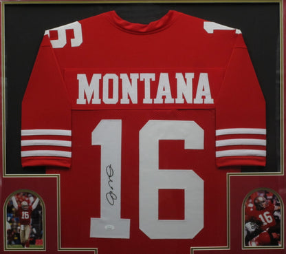 San Francisco 49ers Joe Montana Hand Signed Autographed Red Jersey Framed & Matted with JSA COA