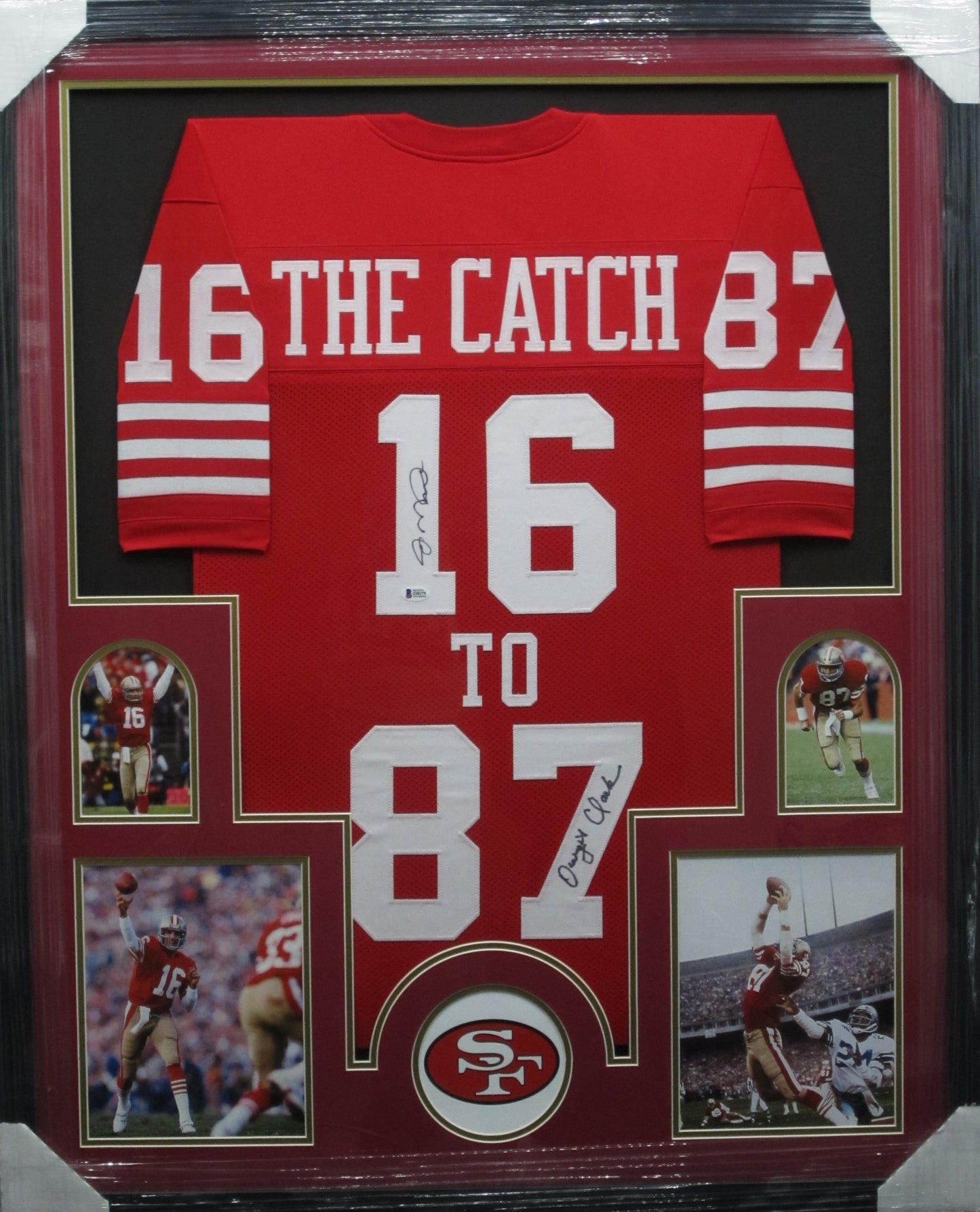 San Francisco 49ers Joe Montana and Dwight Clark Dual Hand Signed Autographed THE CATCH Jersey Framed & Matted with BECKETT COA