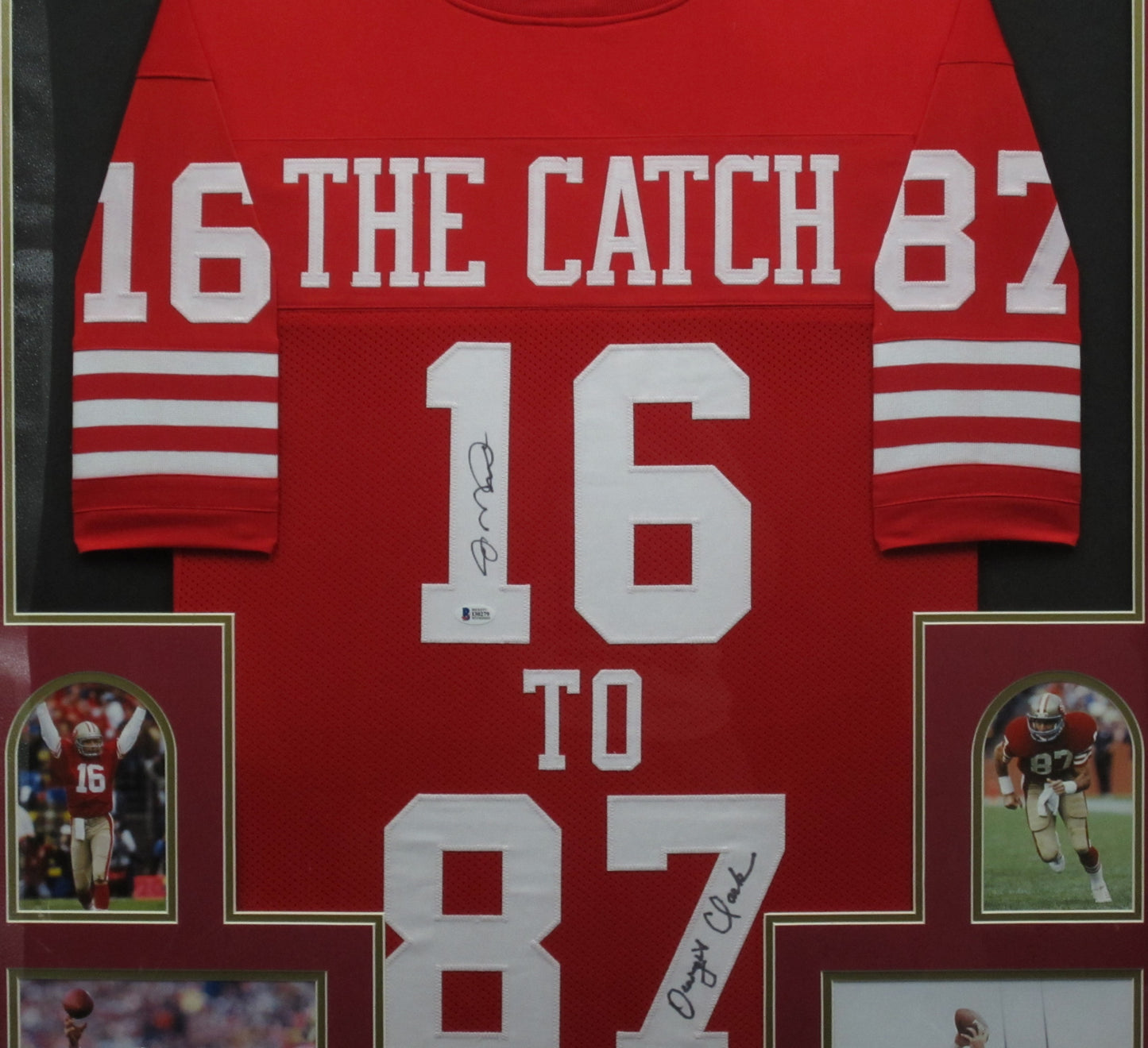 San Francisco 49ers Joe Montana and Dwight Clark Dual Hand Signed Autographed THE CATCH Jersey Framed & Matted with BECKETT COA