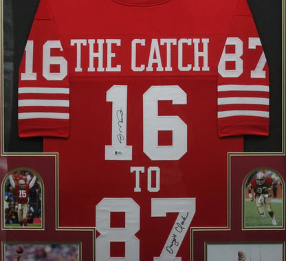 San Francisco 49ers Joe Montana and Dwight Clark Dual Hand Signed Autographed THE CATCH Jersey Framed & Matted with BECKETT COA