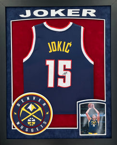 Denver Nuggets Nikola Jokic Hand Signed Autographed Custom Blue Jersey Framed & Double Suede Matted with XL 3D Logo AND "Joker" Cut Out JSA COA