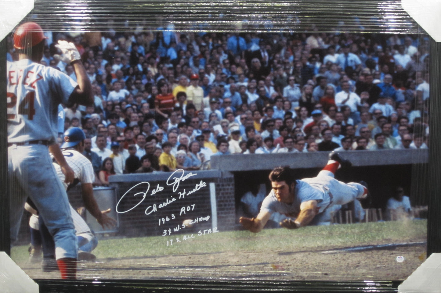 Cincinnati Reds Pete Rose Hand Signed Autographed Large Canvas with Charlie Hustle, 1963 ROY, 3X W.S. Champ, & 17X All Star Inscriptions Framed & Matted with PSA COA