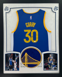 Golden State Warriors Stephen Curry Hand Signed Autographed Authentic Blue Jersey Framed & Double Suede Matted with XL 3D Logo JSA COA