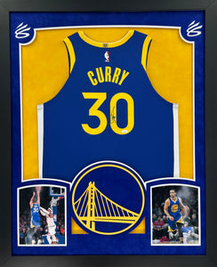 Golden State Warriors Stephen Curry Hand Signed Autographed Authentic Blue Jersey Framed & Double Suede Matted with XL 3D Logo JSA COA