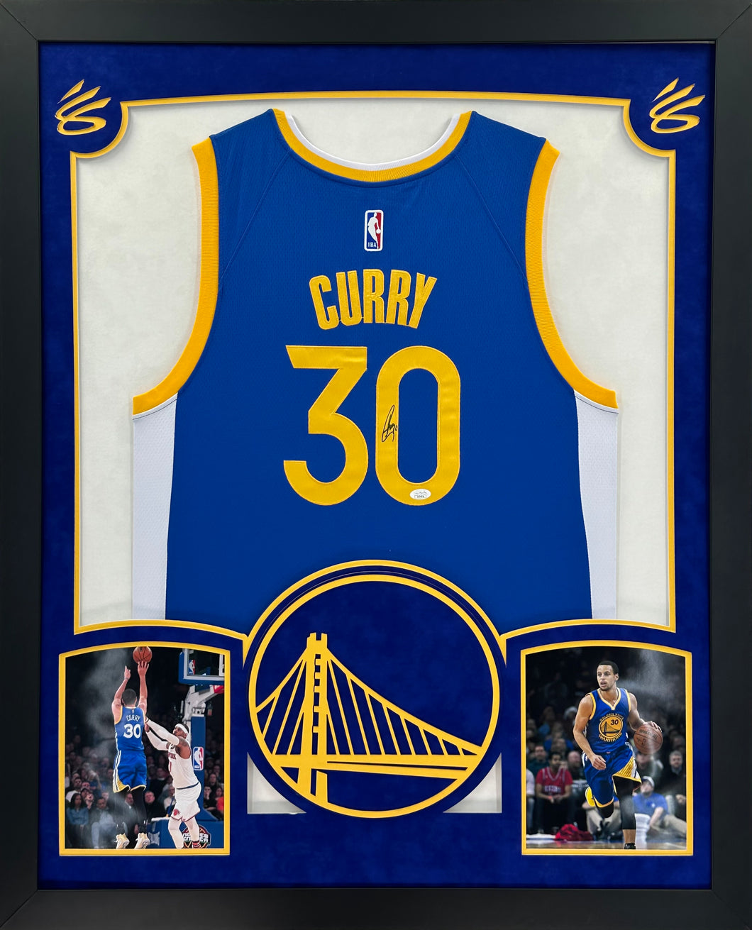 Golden State Warriors Stephen Curry Hand Signed Autographed Authentic Blue Jersey Framed & Double Suede Matted with XL 3D Logo JSA COA