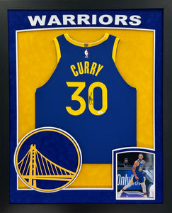 Golden State Warriors Stephen Curry Hand Signed Autographed Authentic Blue Jersey Framed & Double Suede Matted with XL 3D Logo JSA COA