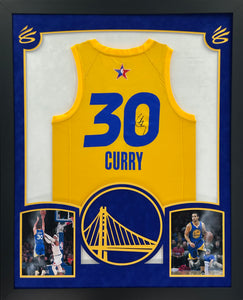 Golden State Warriors Stephen Curry Hand Signed Autographed Authentic Gold Jersey Framed & Double Suede Matted with XL 3D Logo JSA COA