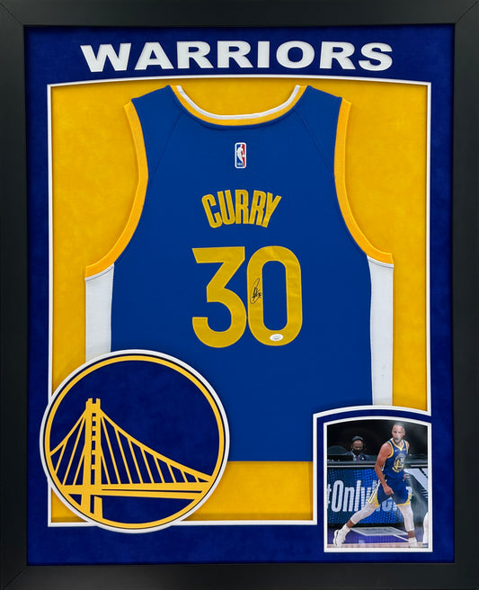 Golden State Warriors Stephen Curry Hand Signed Autographed Authentic Blue Jersey Framed & Double Suede Matting with XL 3D Logo JSA COA
