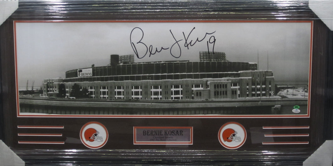 Cleveland Browns Bernie Kosar Hand Signed Autographed Panoramic Municipal Stadium Black and White Photo Framed & Matted with CAS COA