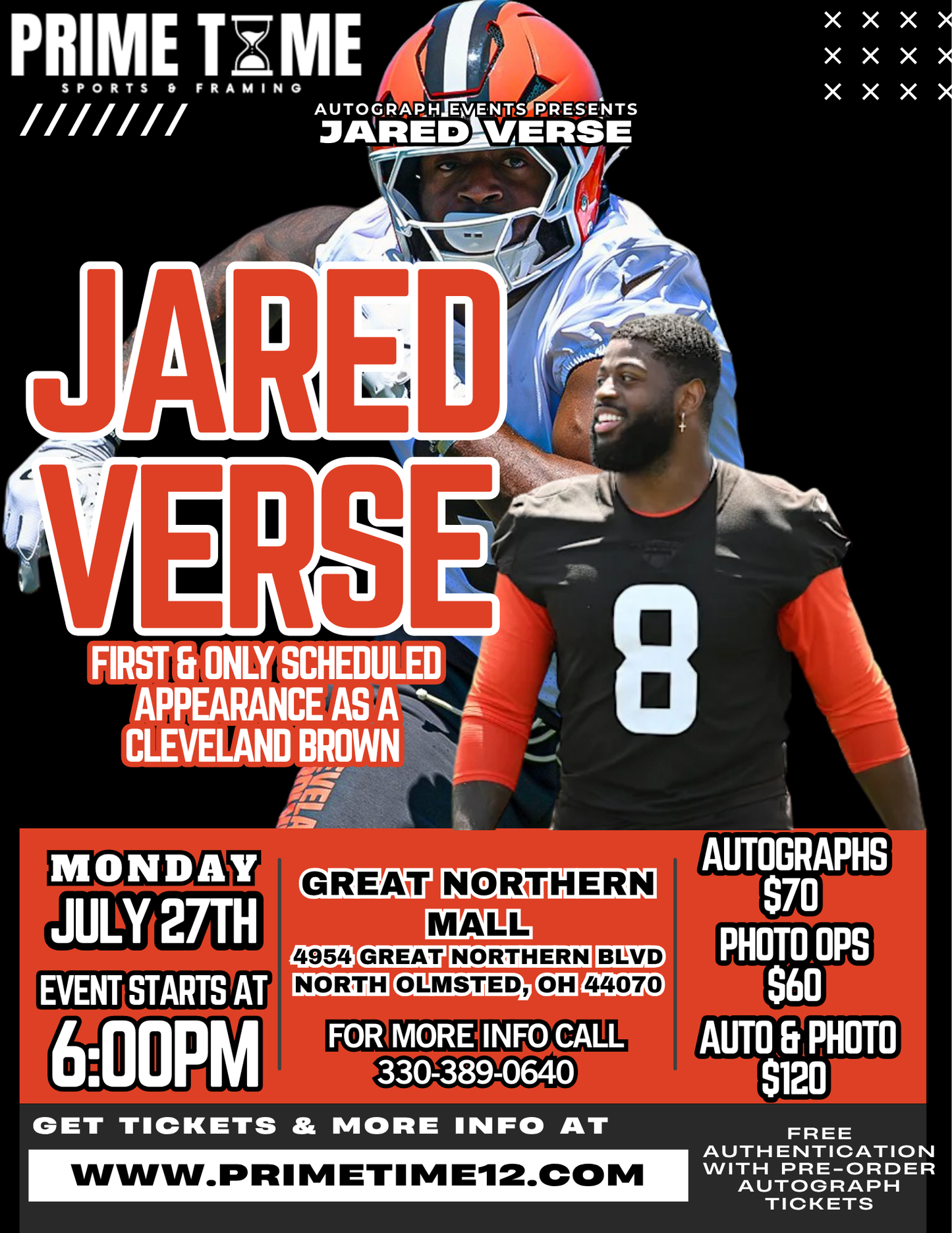 Jared Verse Cleveland Browns Linebacker 7/27/26 at Great Northern Mall Pre-Sale ticket for autograph signing on any 1 ITEM