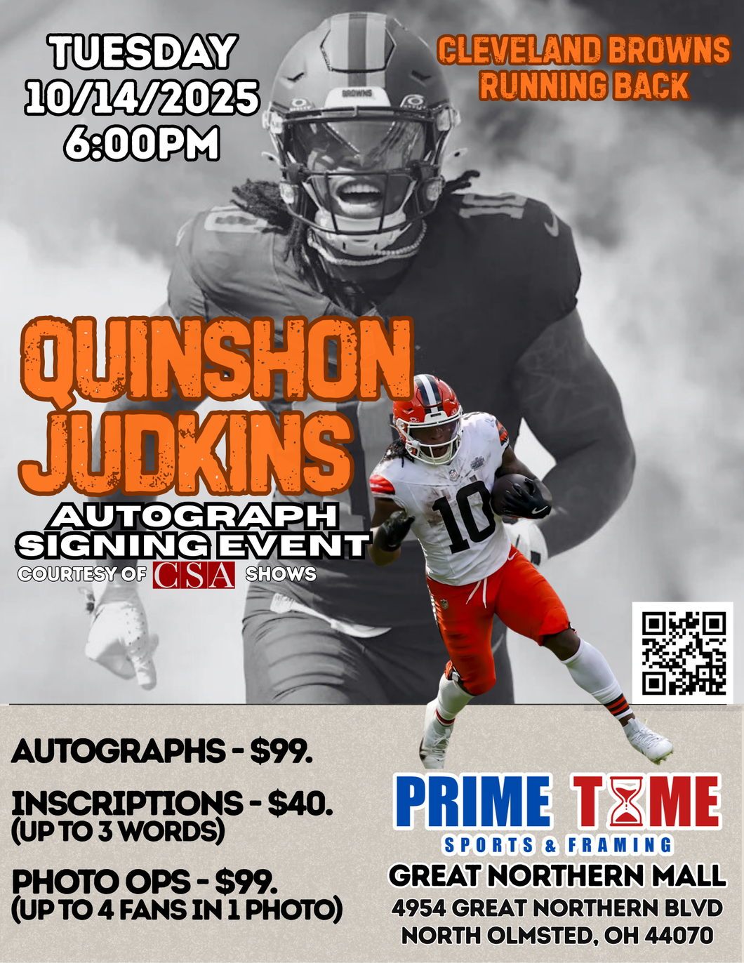 Quinshon Judkins 10/14/25 at Great Northern Mall Pre-Sale ticket for PHOTO OP to have your photo taken (up to 4 people at once) with the player